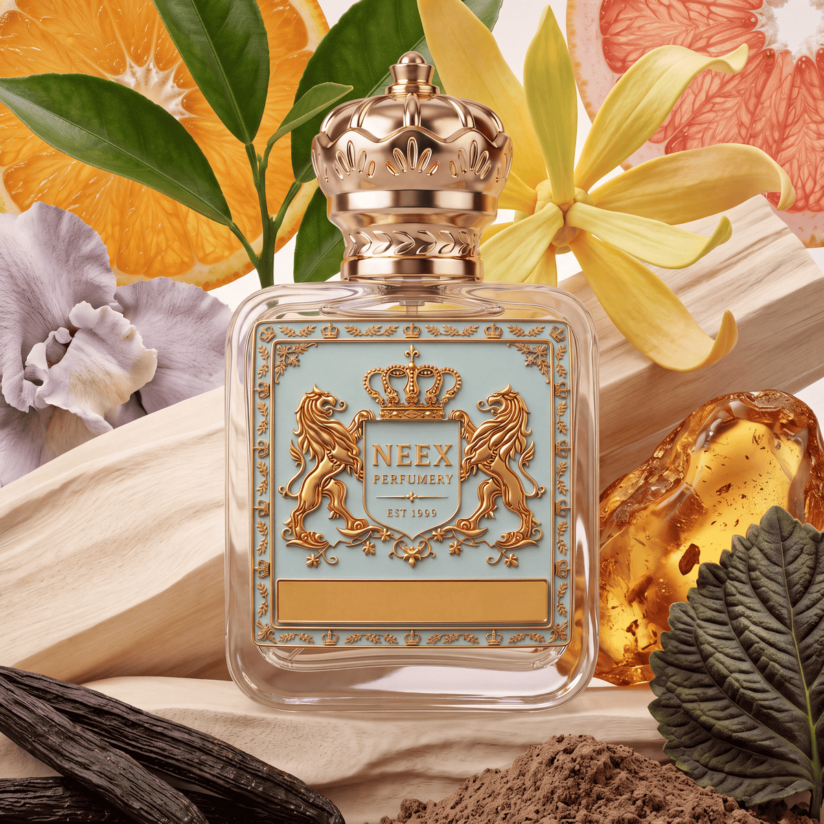 Flat-lay composition of NEEX Stay Close perfume displaying top and base ingredients: citrus slices, yellow ylang-ylang petals, iris bloom, bourbon vanilla pods, and raw amber.