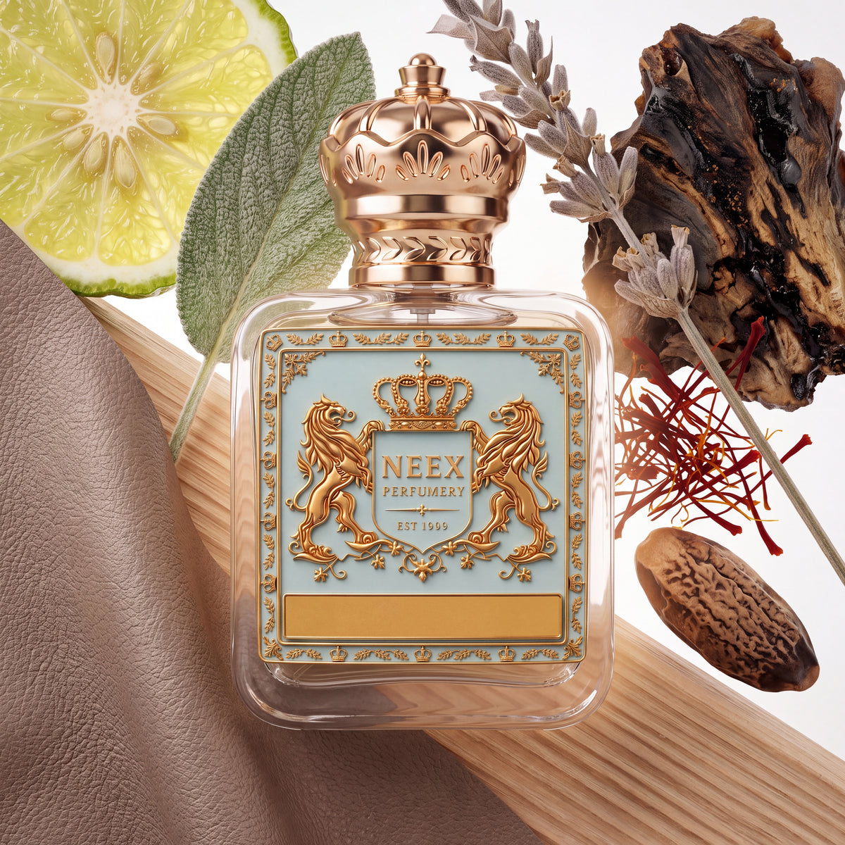 Neex Perfumery perfume bottle topped with an ornate gold crown cap and featuring a light pastel blue crest label with gold metallic heraldry, surrounded by a sliced bergamot citrus wheel, a fresh sage leaf, soft beige suede fabric, light wood slats, dried lavender stalks, rich dark resin chunks, delicate saffron threads, and a whole nutmeg seed.   