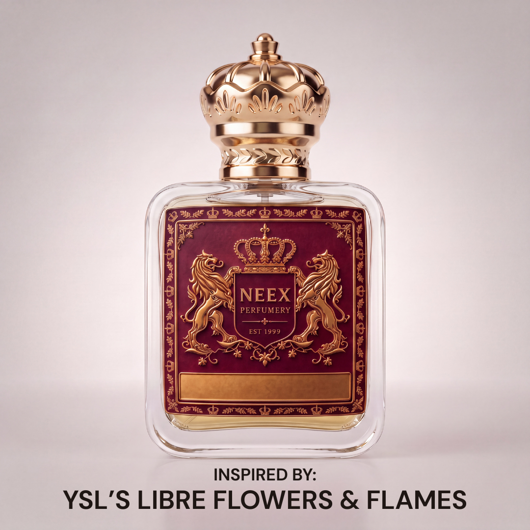Neex Perfumery perfume bottle featuring an ornate gold crown cap and a deep burgundy-red crest label with gold metallic heraldry, set against a clean studio gradient background with the text overlay "INSPIRED BY: YSL'S LIBRE FLOWERS & FLAMES" centered below.   