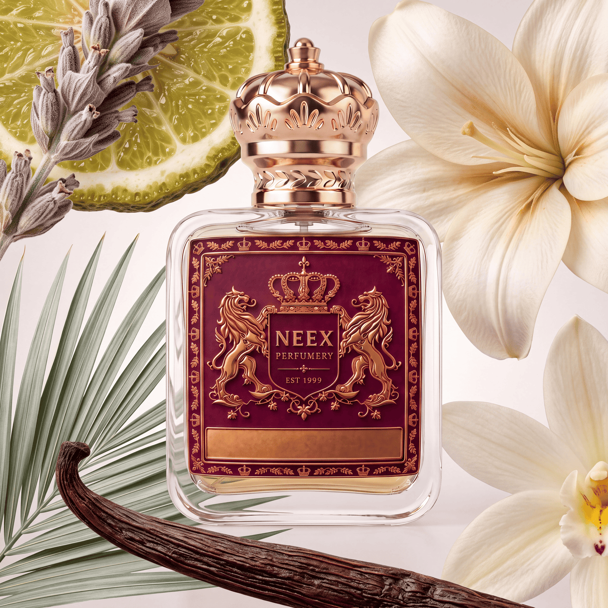 Neex Perfumery perfume bottle topped with an ornate gold crown cap and featuring a deep burgundy-red crest label with gold metallic heraldry, surrounded by a sliced citrus wheel, a stalk of dried lavender, blooming white orchid flowers, a textured palm frond, and a cured vanilla pod.   