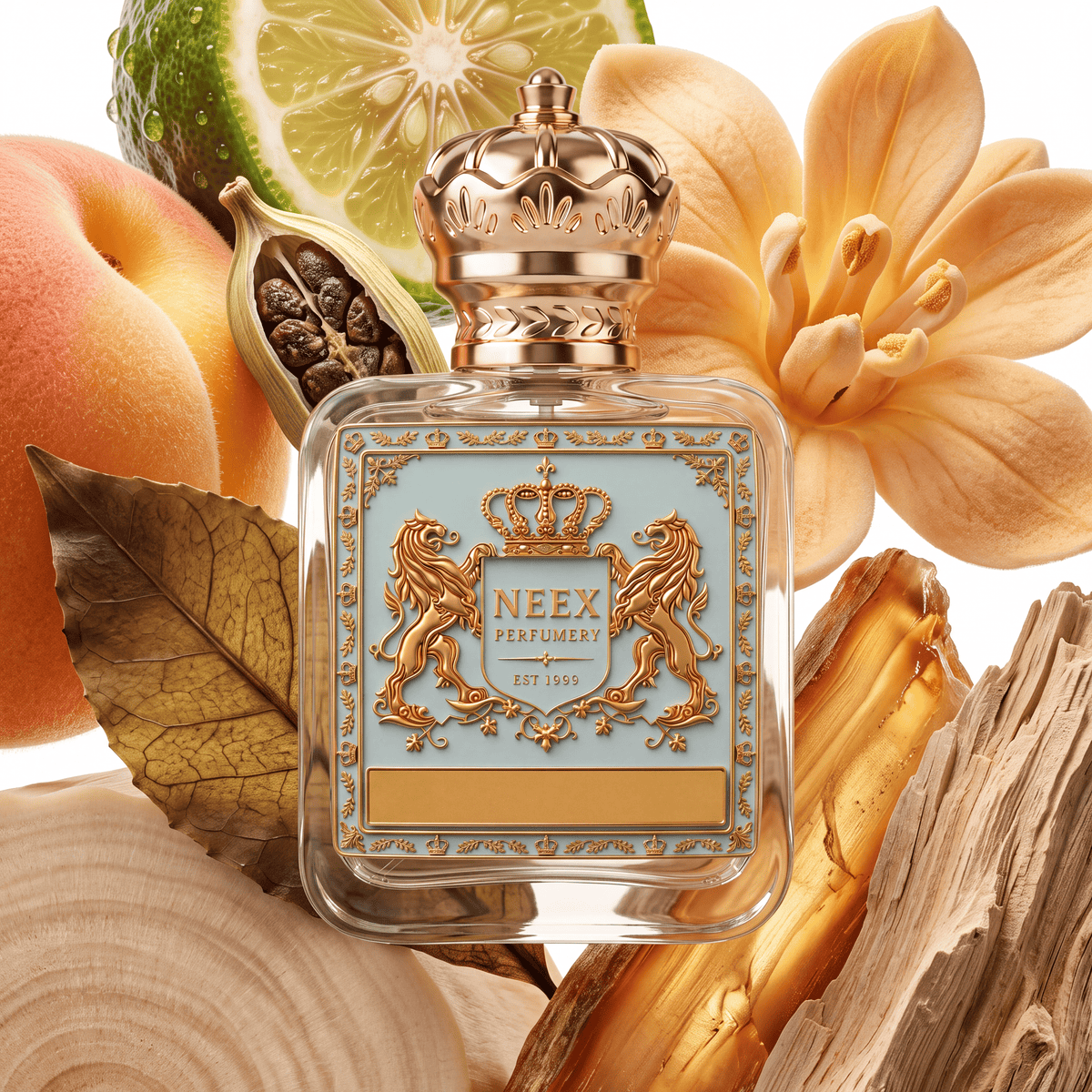 Neex Perfumery perfume bottle topped with an ornate gold crown cap and featuring a light pastel blue crest label with gold metallic heraldry, framed by a soft peach, a halved bergamot, an open cardamom pod, a warm amber floral bloom, raw cedarwood bark, polished golden amber resin, and dried tobacco leaves.