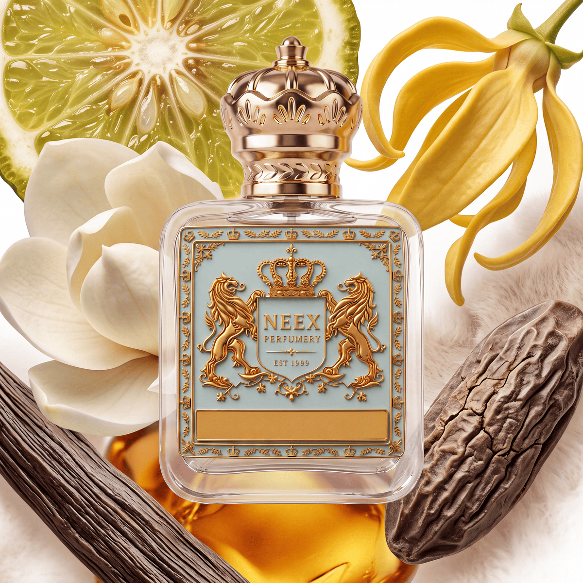 Neex Perfumery perfume bottle featuring an ornate gold crown cap and a light pastel blue crest label with gold metallic heraldry, compositionally styled alongside a sliced bergamot citrus, a large white gardenia blossom, bright yellow ylang-ylang petals, dark vanilla pods, a wrinkled tonka bean, and soft white fur texture over glowing amber liquid.   