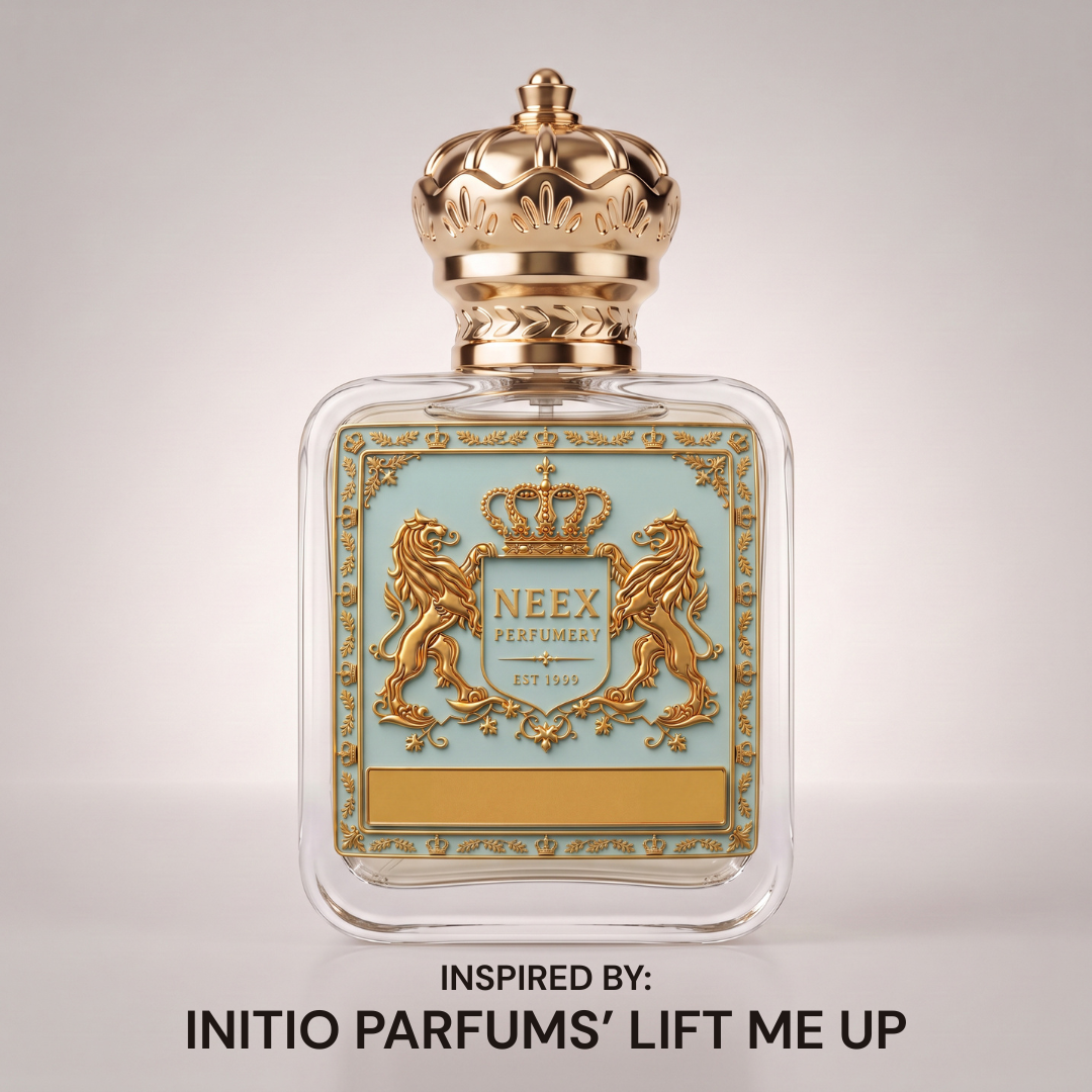 Neex Perfumery luxury perfume bottle with gold crown cap and pastel blue crest label, inspired by Initio Parfums' Lift Me Up, set against a clean white background.   