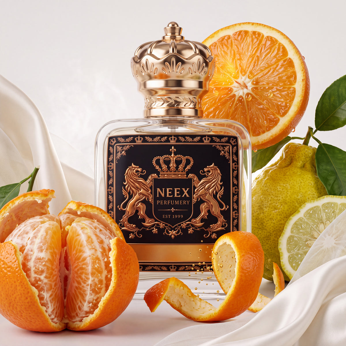 Neex Swim In Ice fragrance bottle styled in an ingredient flat-lay featuring freshly peeled oranges, juicy mandarin segments, sliced lemons, citrus leaves, and draped white silk fabric.