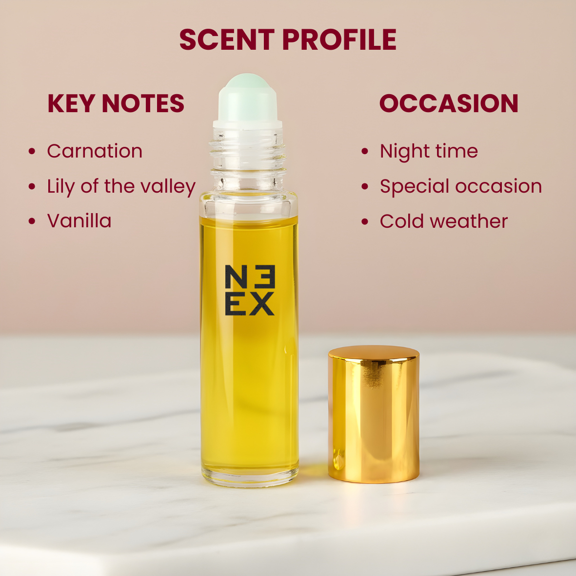 Concentrated amber floral perfume oil with notes of warm exotic spices, carnation, and a deep skin-hugging musk – intimate & seductive.