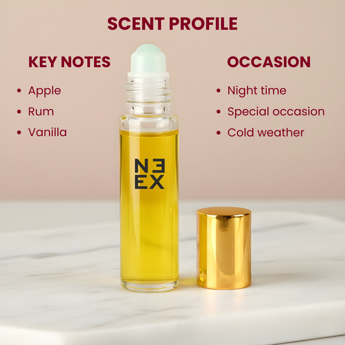 Concentrated amber spicy perfume oil with notes of smooth tobacco leaf, baked fruit, and creamy vanilla – intimate & addictive.
