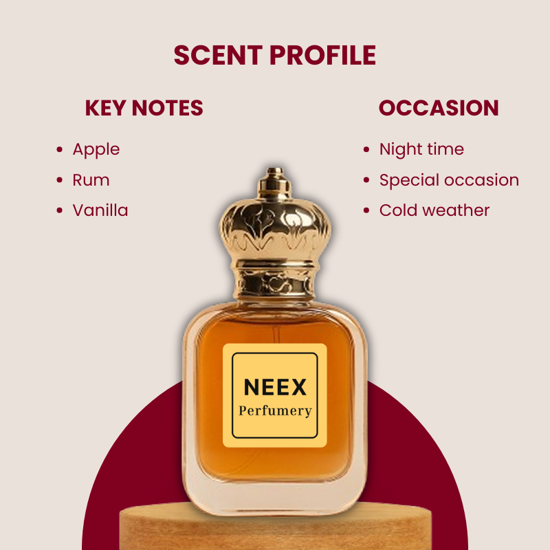 Sophisticated amber spicy perfume with an intoxicating heart of baked apple, sweet rum, and velvety vanilla – warm & decadent.