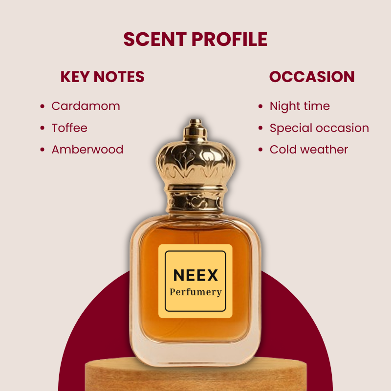 Intense woody-spicy fragrance with cardamom, toffee, and amberwood – bold & magnetic.