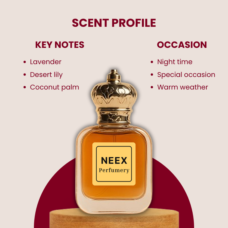 Sun-kissed floral fragrance with lavender, desert lily, and coconut palm – warm & radiant.