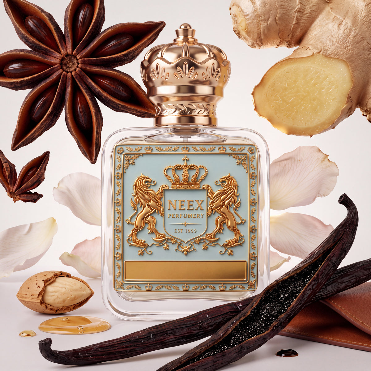 A clear glass perfume bottle with a gold crown cap and a pale blue label featuring gold lions and the brand name NEEX PERFUMERY, styled with star anise, ginger root, vanilla pods, and flower petals on a white background.