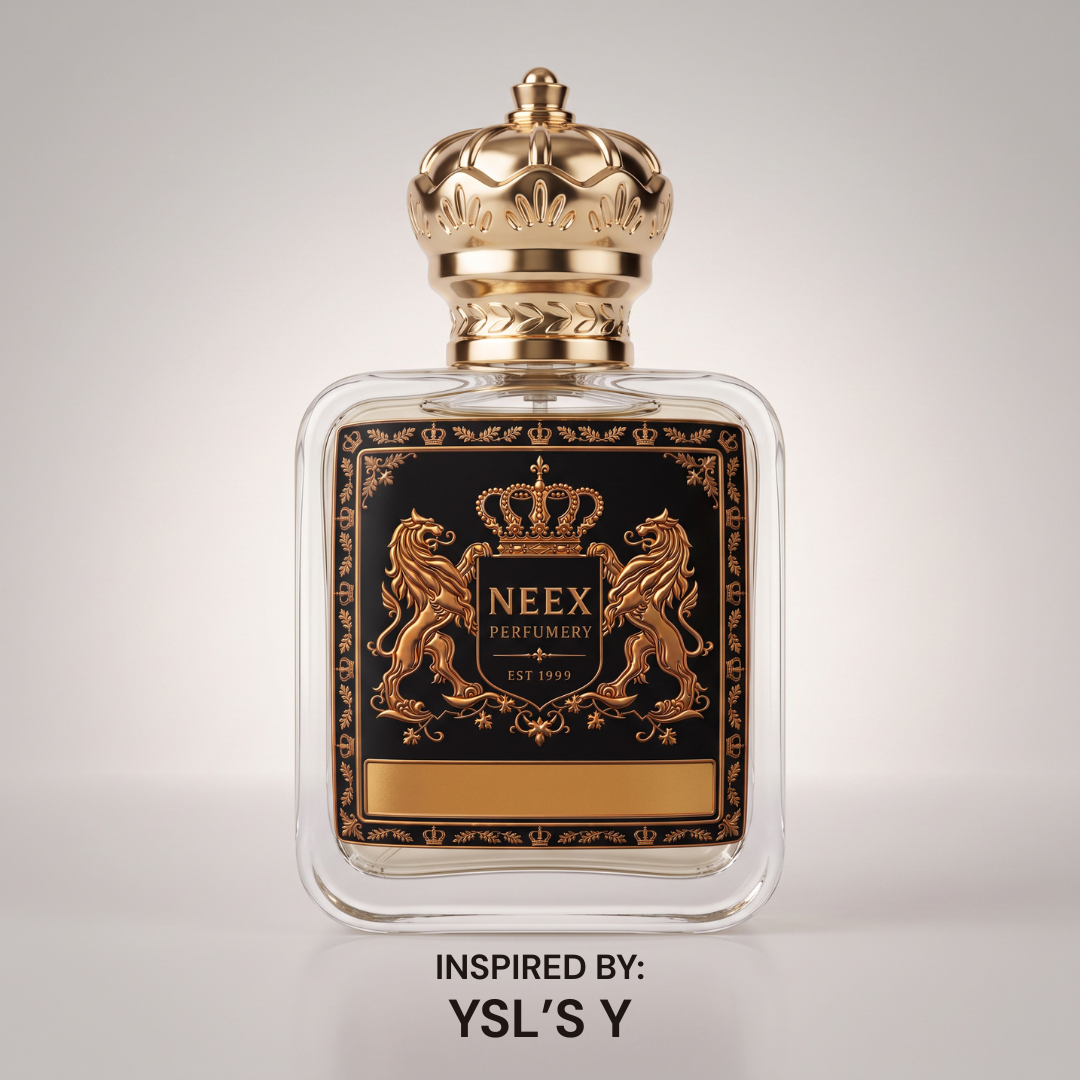 Neex Perfumery perfume bottle featuring an ornate gold crown cap and a dark black crest label with gold metallic heraldry, set against a clean studio gradient background with the text overlay "INSPIRED BY: YSL'S Y" centered below.   