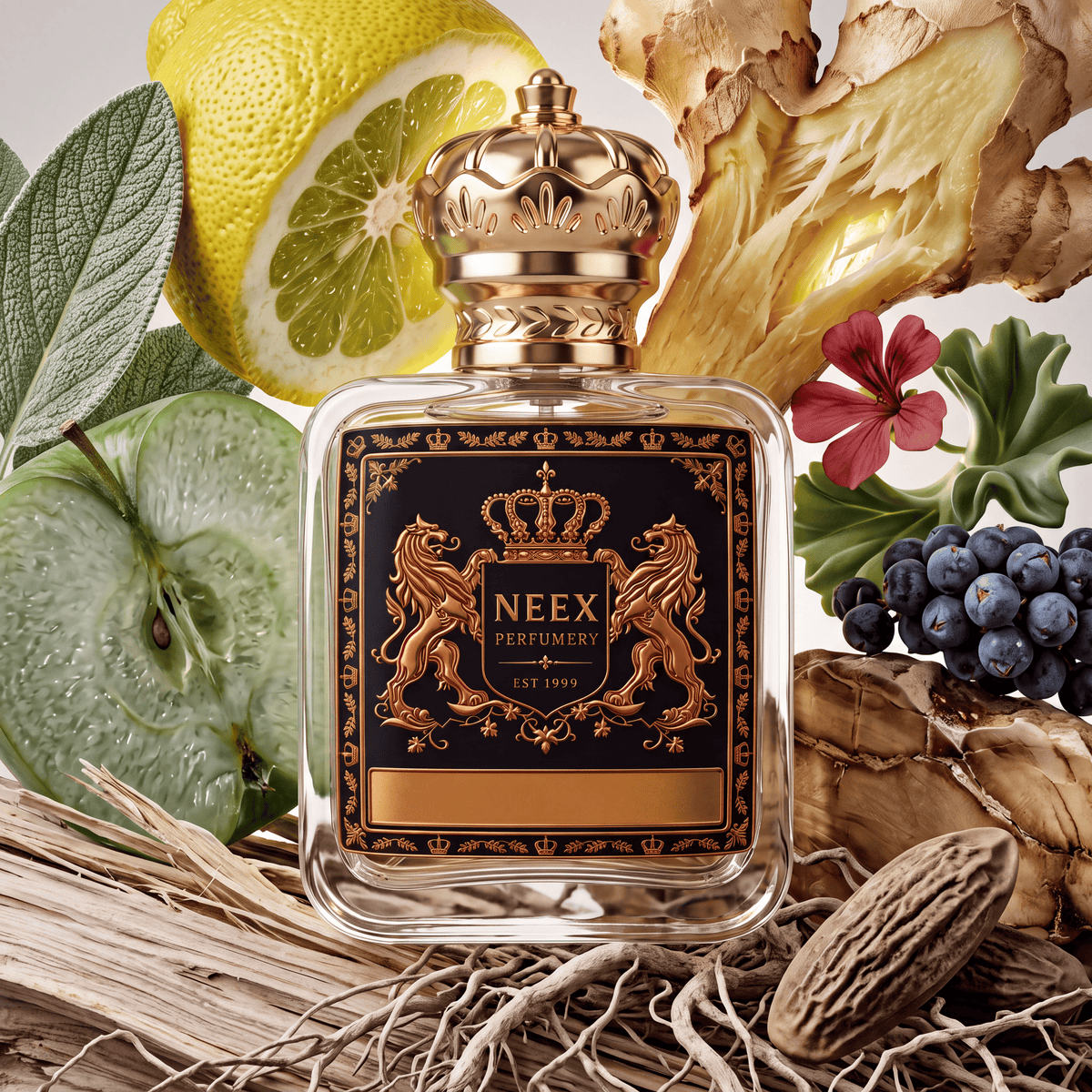 Neex Perfumery perfume bottle topped with an ornate gold crown cap and featuring a black crest label with gold metallic heraldry, resting on a rustic bed of dried wood fibers and roots, surrounded by a halved green apple, fresh sage leaf, juicy sliced lemon, raw ginger root, a crimson geranium blossom, small dark berries, and whole nutmeg seeds.