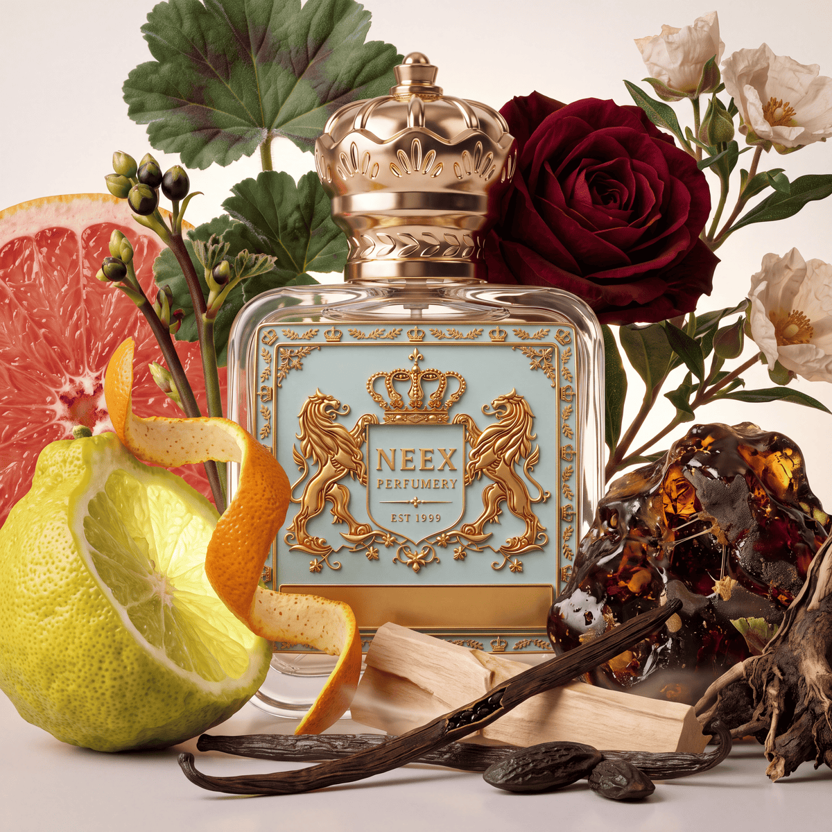 Neex Perfumery fragrance bottle featuring a light duck-egg blue crest label, styled in an ingredient flat-lay with a zesty lemon half, citrus peel, ruby red grapefruit slice, dark crimson rose, white blossoms, sandalwood blocks, vanilla pods, tonka beans, dark labdanum resin, and wood slices.