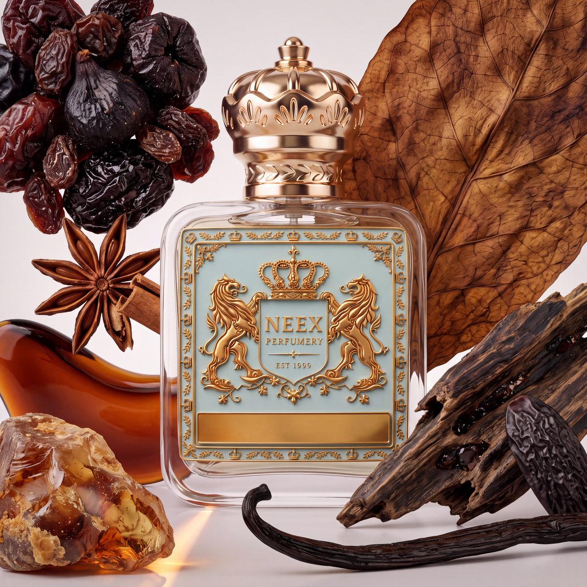 Neex Perfumery perfume bottle featuring an ornate gold crown cap and a light pastel blue crest label with gold metallic detailing, surrounded by dried fruits, star anise, a large cured tobacco leaf, vanilla beans, raw amber resin, and rich aged wood logs.