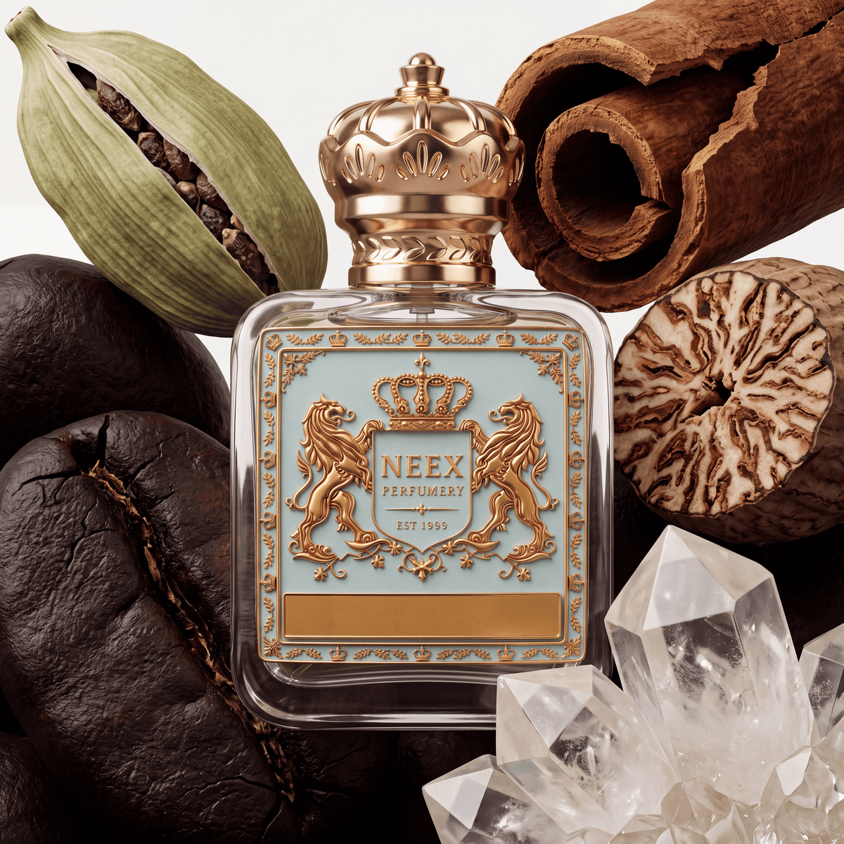 Neex Perfumery perfume bottle featuring an ornate gold crown cap and a light pastel blue crest label with gold metallic detailing, surrounded by accord notes including dark roasted coffee beans, an open cardamom pod, a large rolled cinnamon bark quill, a halved whole nutmeg seed, and clear quartz crystal clusters.   