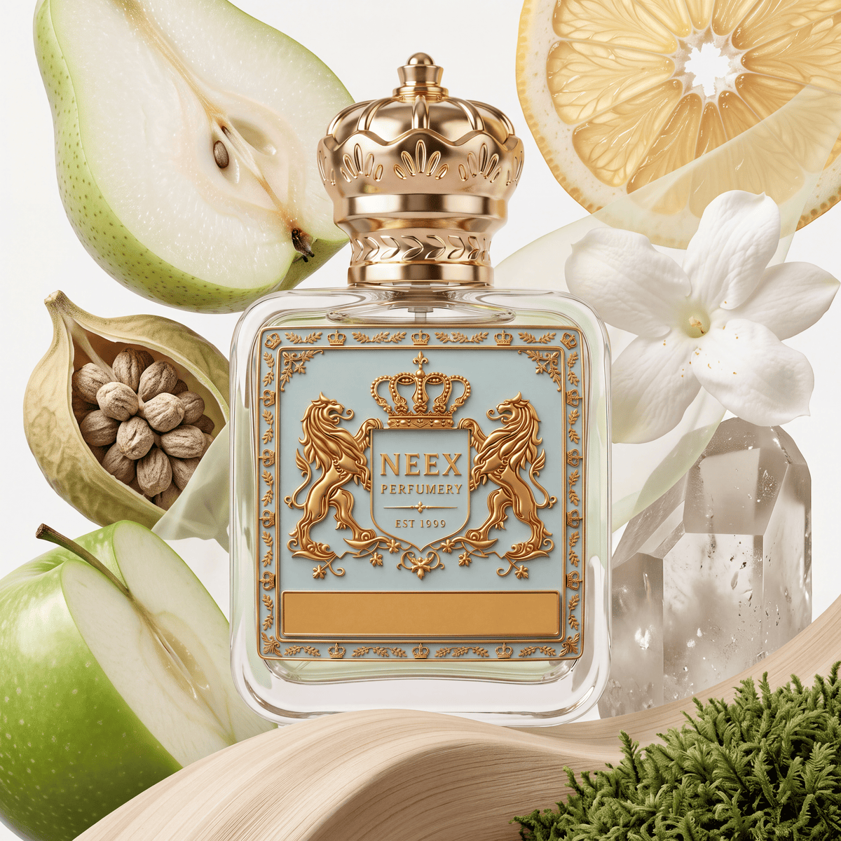 Neex Perfumery perfume bottle featuring an ornate gold crown cap and a light pastel blue crest label with gold metallic detailing, surrounded by sliced pear, citrus wheel, green apple, ambrette seeds, white jasmine blossom, quartz crystal, wood, and moss.   