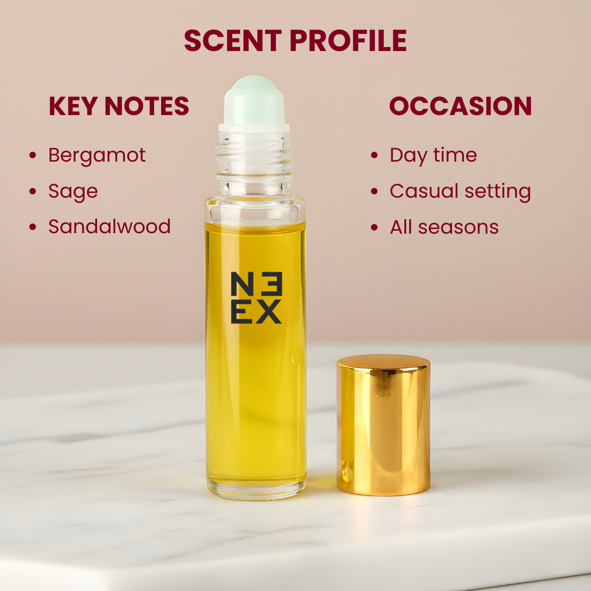 Concentrated aromatic spicy perfume oil with notes of sage, geranium, and amberwood – clean & powerful.
