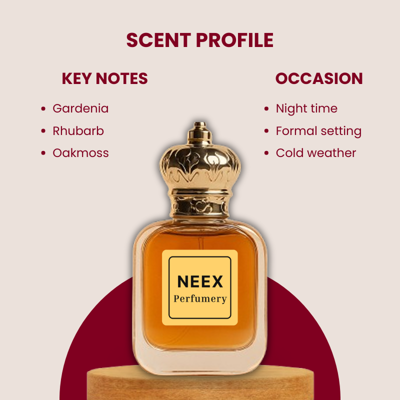 Luxury floral fragrance with gardenia, rhubarb, and oakmoss – bold & sophisticated.