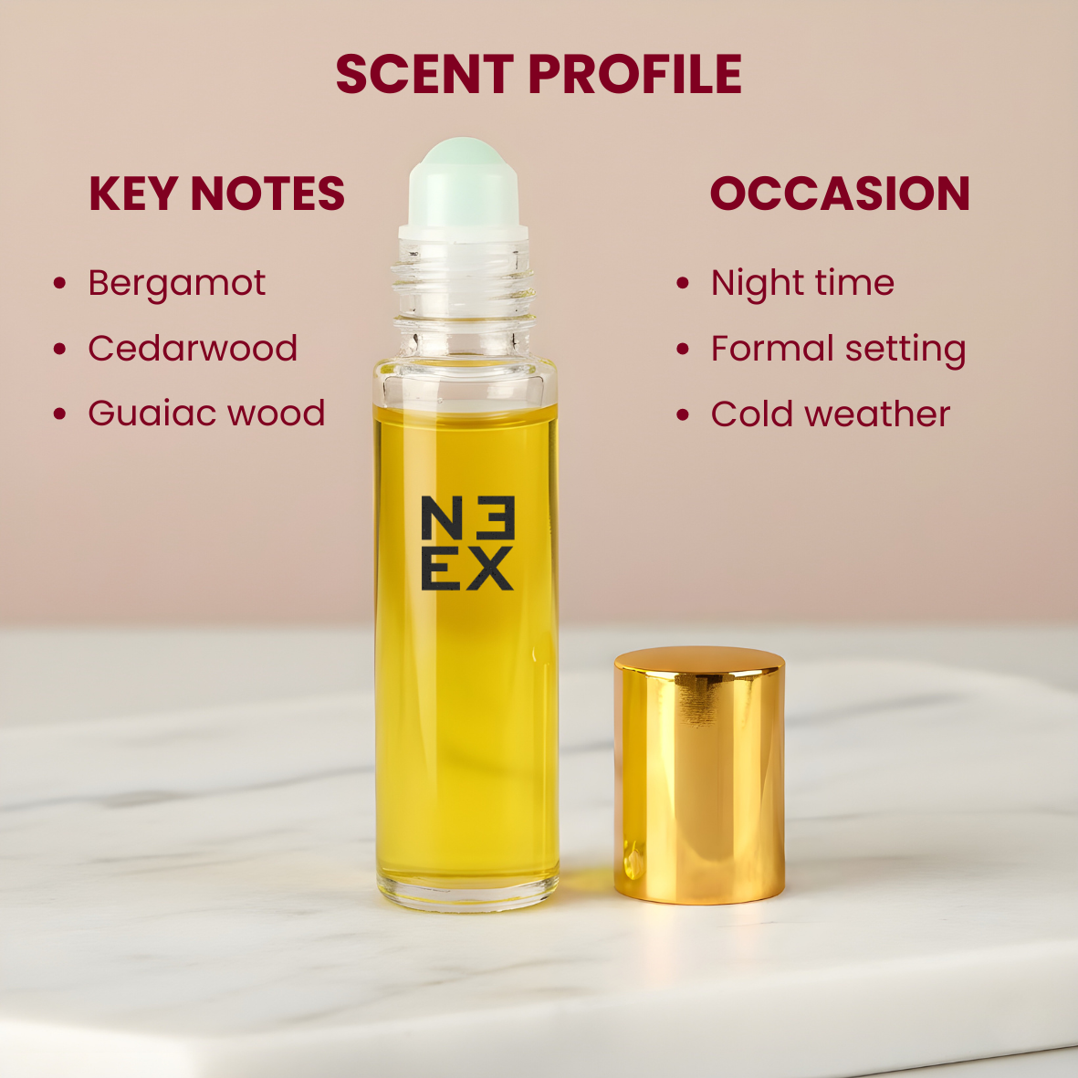 Concentrated woody floral musk perfume oil with notes of Damask rose, blackcurrant, and vanilla – earthy & majestic.