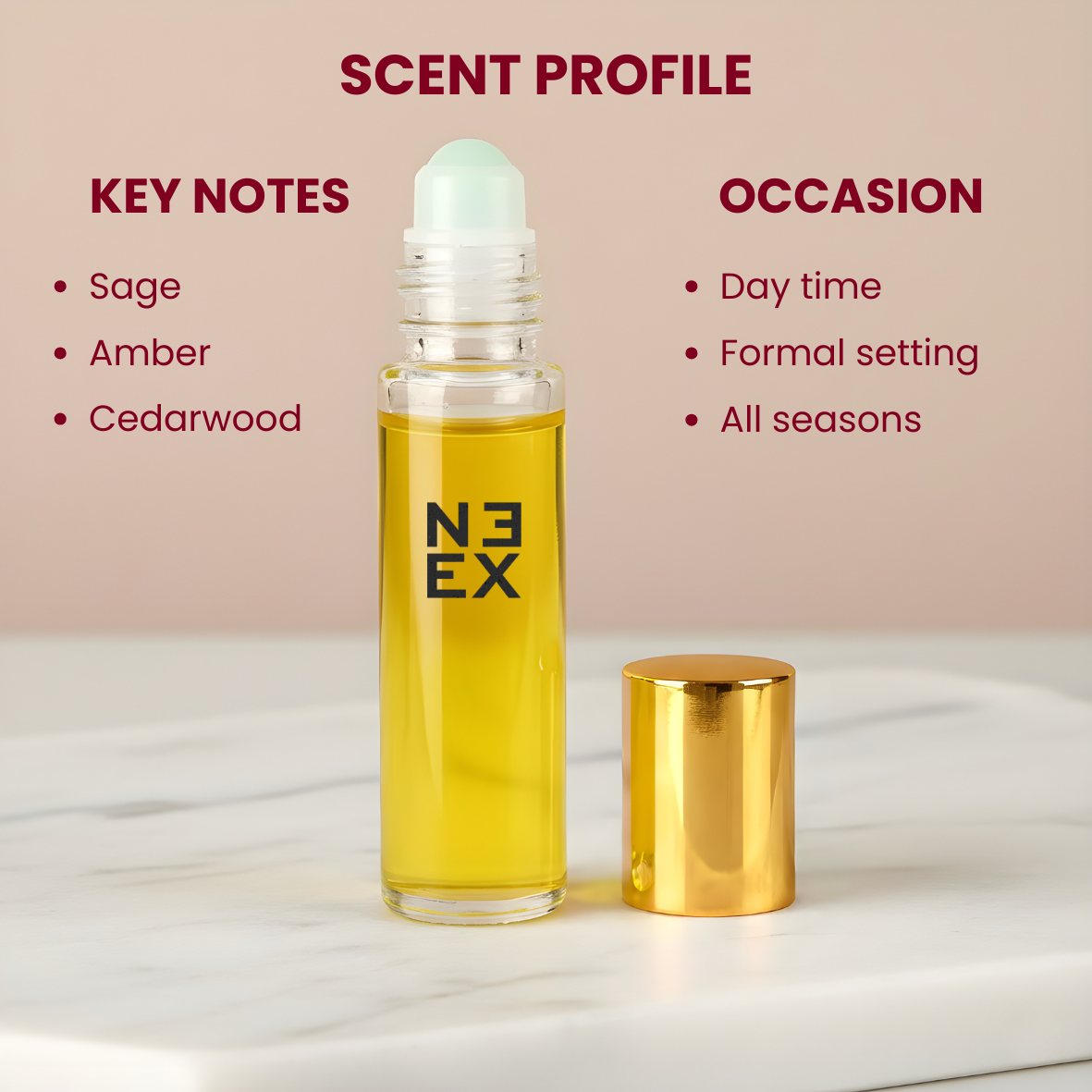 Concentrated woody aromatic perfume oil with notes of bright citrus, fresh herbs, and rich ambergris – intimate & majestic.
