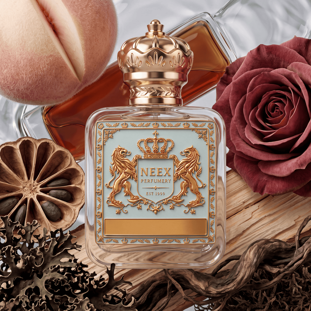 Neex Perfumery perfume bottle featuring an ornate gold crown cap and a light pastel blue crest label with gold metallic detailing, surrounded by accord notes including a juicy sliced peach, a dusty deep red rose, a dried lotus pod/seed pod, dark dried lichen or moss, weathered wood timber, and a sleek bottle containing amber liquid in the background.