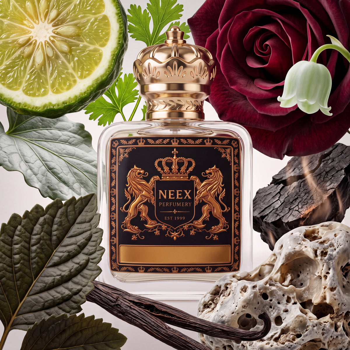 Neex Perfumery perfume bottle topped with an ornate gold crown cap and featuring a black crest label with gold metallic heraldry, surrounded by a halved citrus fruit, fresh green coriander leaves, a deep crimson rose bloom, a delicate lily of the valley, a piece of dark smoking charcoal, porous white mineral stone, cured vanilla pods, and dark patchouli foliage.