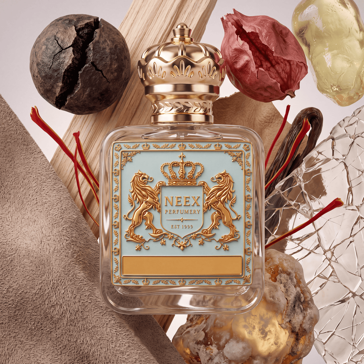 Neex Perfumery perfume bottle topped with an ornate gold crown cap and featuring a light pastel blue crest label with gold metallic heraldry, surrounded by a cracked dark sphere, light wood slats, soft beige suede fabric, delicate saffron threads, a dried red pod, a crystalline amber stone, clear fractured resin shards, and a textured mineral formation.   