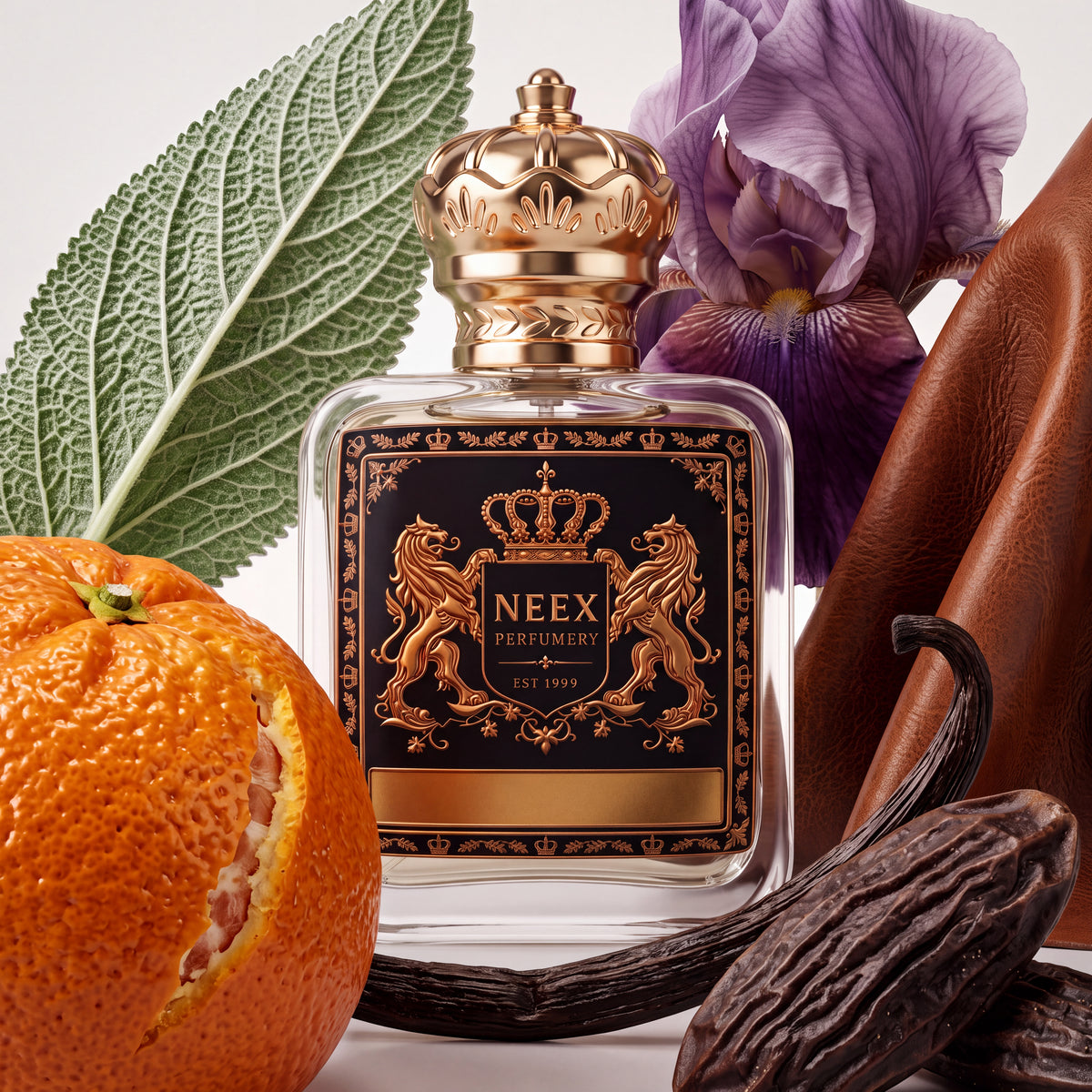 Neex Perfumery perfume bottle featuring an ornate gold crown cap and black crest label, arranged in a flat-lay composition with a whole fresh orange, green sage leaf, purple iris flower, dark leather fabric, vanilla beans, and tonka beans.
