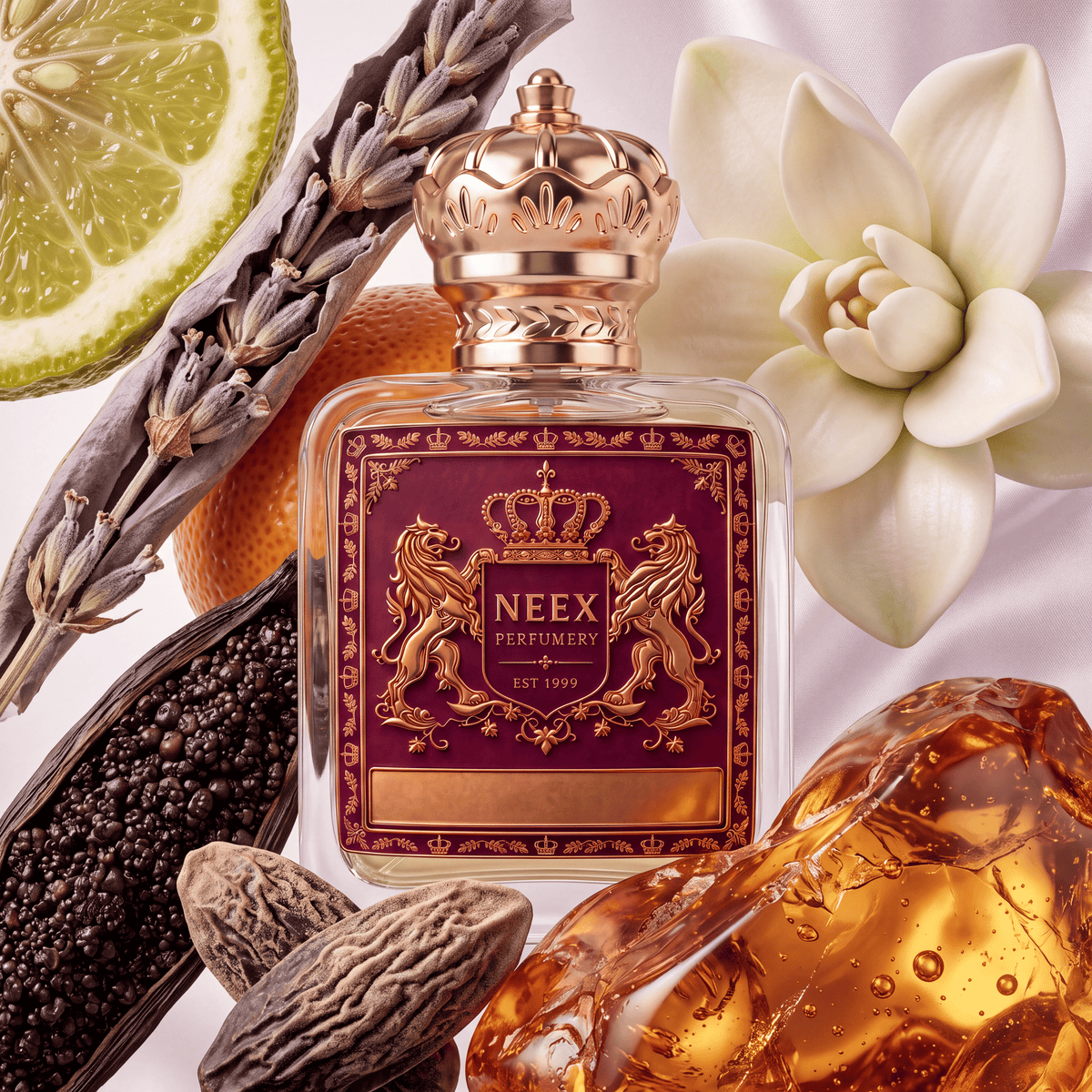 Neex Perfumery perfume bottle topped with an ornate gold crown cap and featuring a deep burgundy-red crest label with gold metallic heraldry, surrounded by a sliced citrus wheel, dried lavender stalks, an entire citrus fruit, an open white floral bloom, an opened vanilla pod brimming with tiny dark seeds, whole nutmeg seeds, and a large chunk of glowing golden amber resin.   