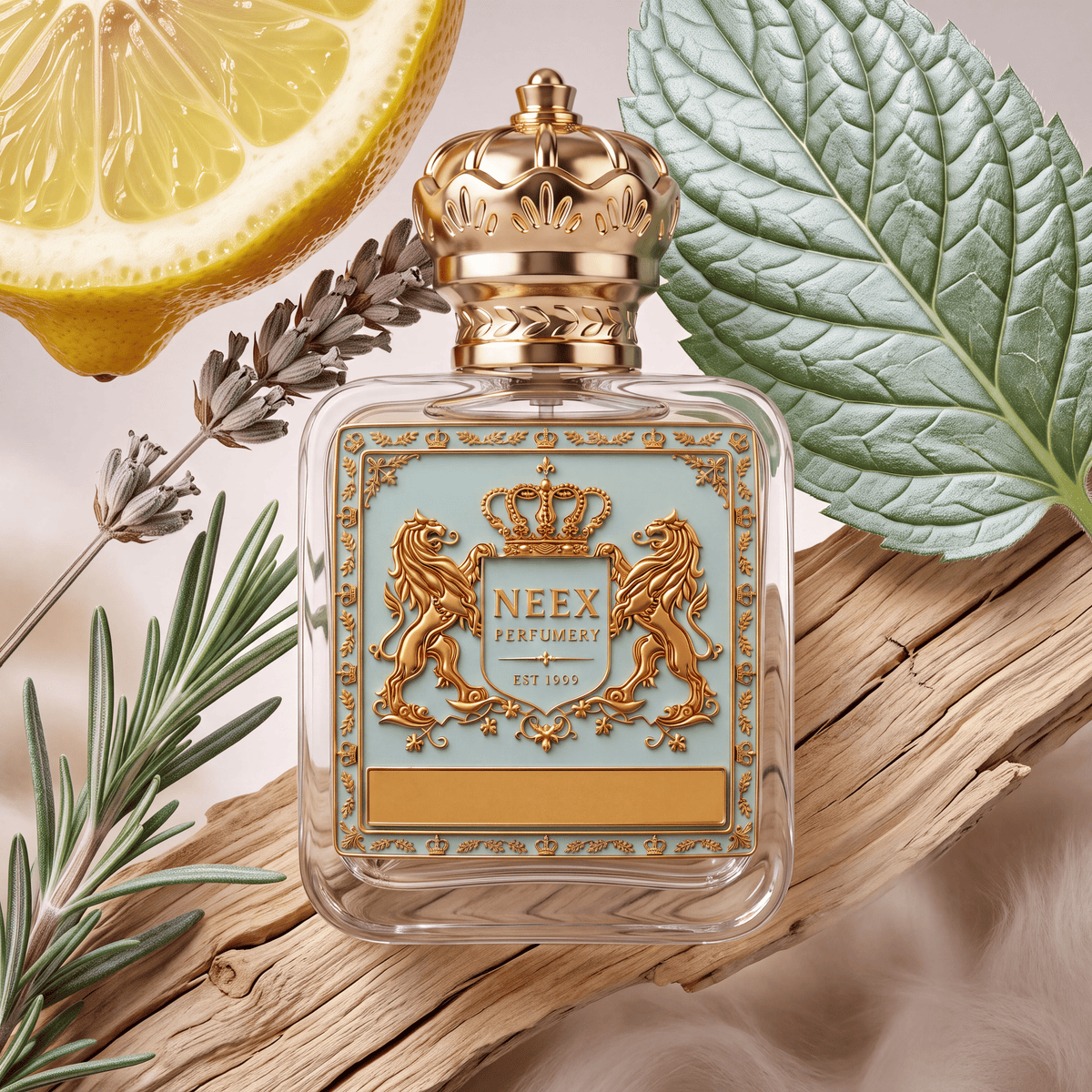 Neex Perfumery perfume bottle featuring an ornate gold crown cap and a light pastel blue crest label with gold metallic heraldry, compositionally styled alongside a fresh lemon slice, dried lavender stalks, rosemary sprigs, a broad mint leaf, and soft pale driftwood against a neutral beige backdrop.