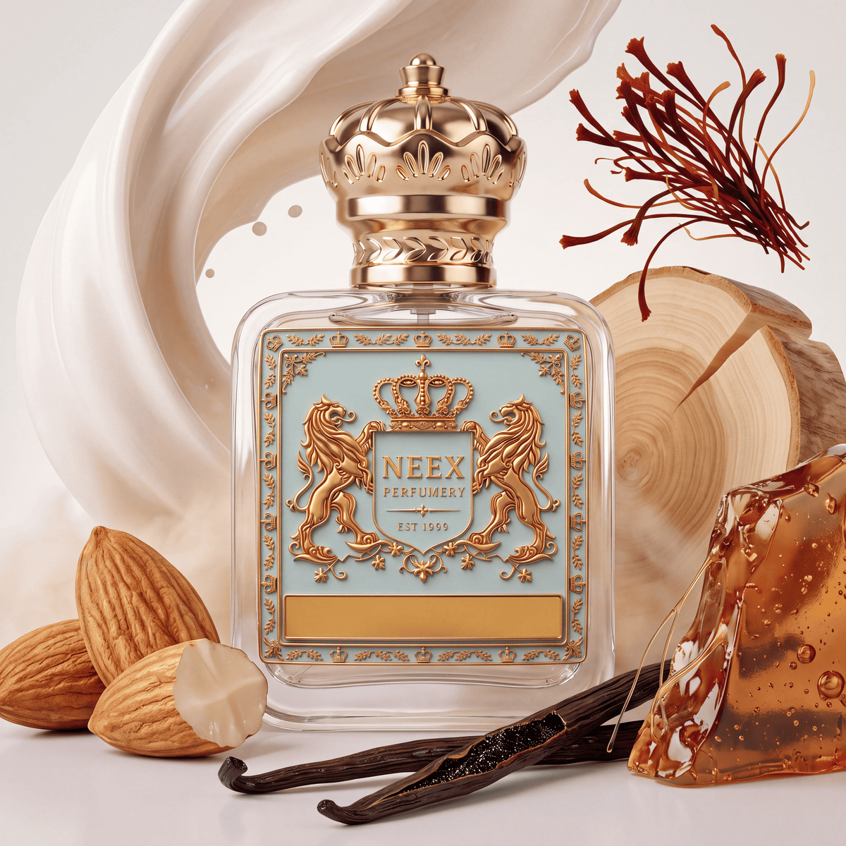 Neex Perfumery fragrance bottle with a light duck-egg blue crest label, styled in an ingredient flat-lay with creamy milk swirls, fresh whole and split almonds, red saffron threads, a natural log cross-section, split vanilla pods, and translucent amber caramel.