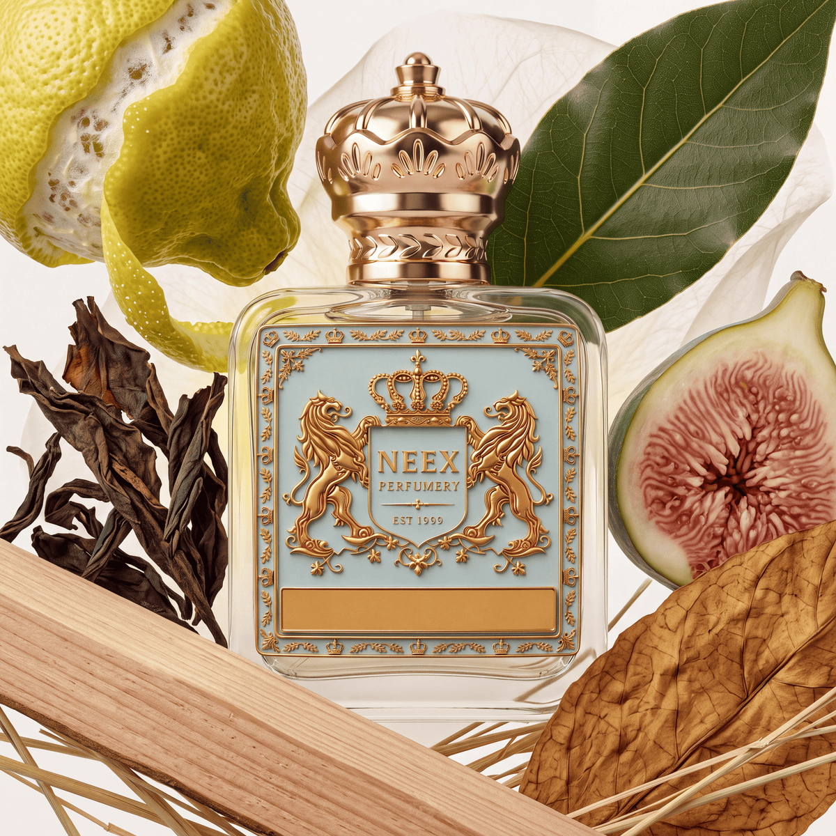 Neex Perfumery perfume bottle featuring an ornate gold crown cap and a light pastel blue crest label with gold metallic detailing, surrounded by bergamot peel, fresh green leaves, a sliced fig, dark tea leaves, dried tobacco leaf, and natural wood slats.