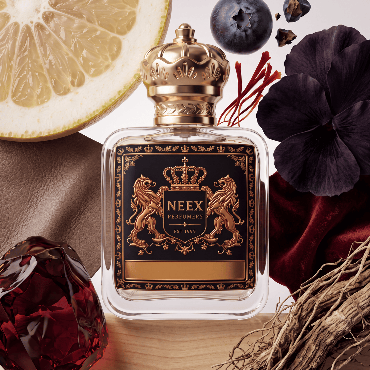 Neex Perfumery perfume bottle topped with an ornate gold crown cap and featuring a black crest label with gold metallic heraldry, surrounded by a sliced citrus fruit, a single blueberry, delicate saffron threads, a dark velvet flower blossom, rich velvet fabric, tangled roots, and a deep red crystal chunk.   