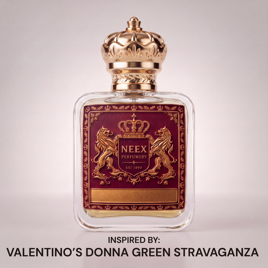 Neex Perfumery perfume bottle featuring an ornate gold crown cap and deep burgundy crest label, centered against a clean off-white studio background with text below reading "INSPIRED BY: VALENTINO'S DONNA GREEN STRAVAGANZA".   