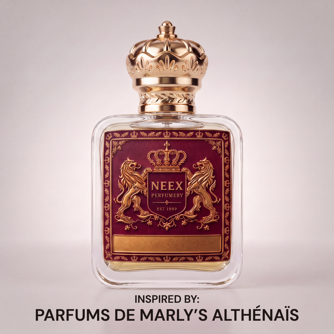 Neex Perfumery perfume bottle featuring an ornate gold crown cap and a rich deep burgundy crest label with gold metallic detailing, centered against a clean off-white studio background with text below reading "INSPIRED BY: PARFUMS DE MARLY'S ALTHÉNAÏS".   
