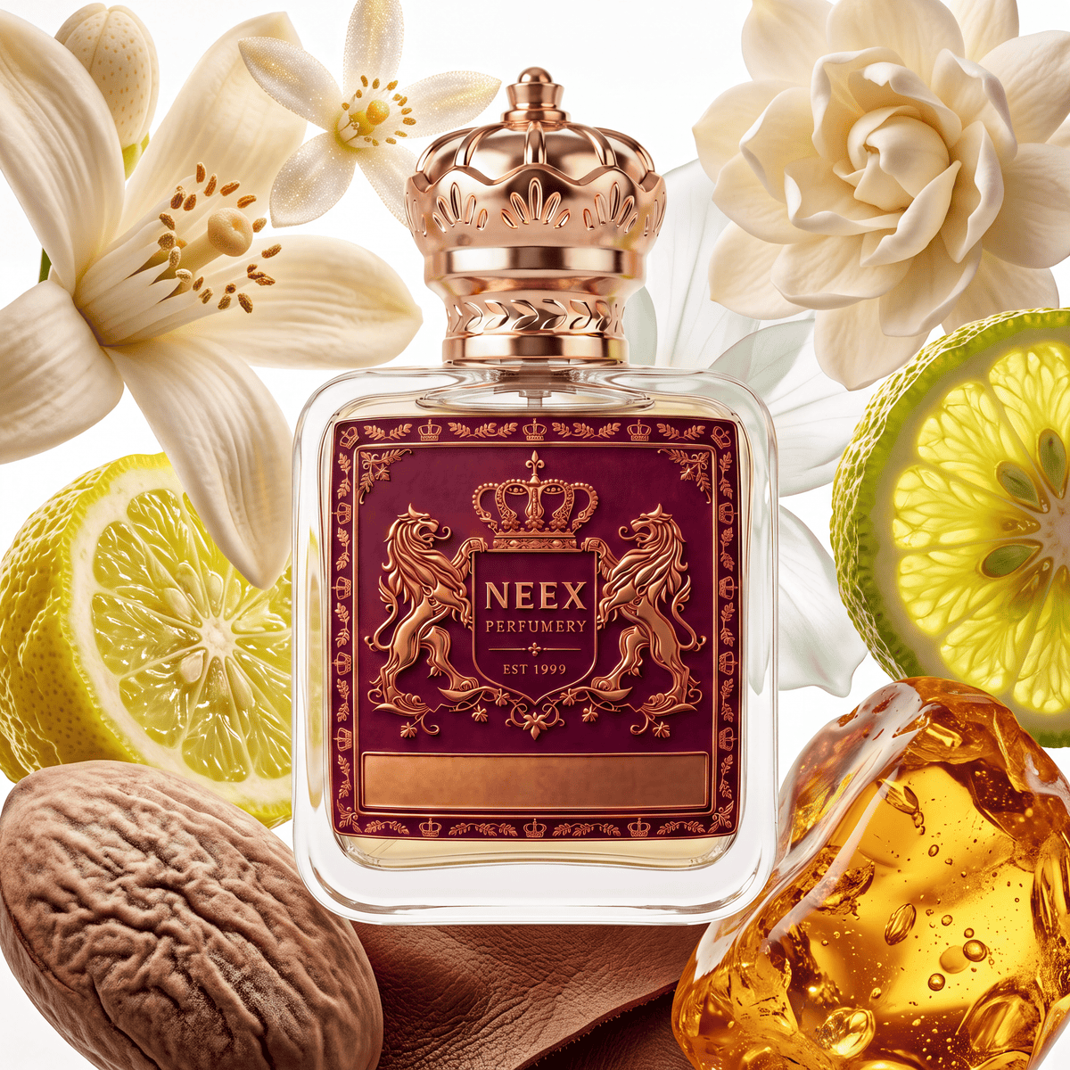 Neex Perfumery perfume bottle featuring an ornate gold crown cap and a deep burgundy-maroon crest label with gold metallic heraldry, compositionally styled alongside fresh lemon and lime slices, delicate orange blossoms, a gardenia flower, a whole nutmeg seed, smooth brown leather, and a glowing piece of golden amber resin.