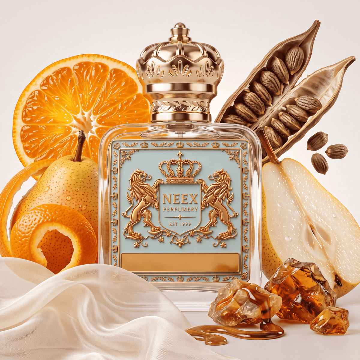 Neex Perfumery fragrance bottle styled in an ingredient flat-lay surrounded by a large sliced orange, a fresh yellow pear alongside a sliced pear, open seed pods displaying cardamom or nutmeg seeds, amber resin pieces with dripping caramel syrup, and draped white silk fabric.