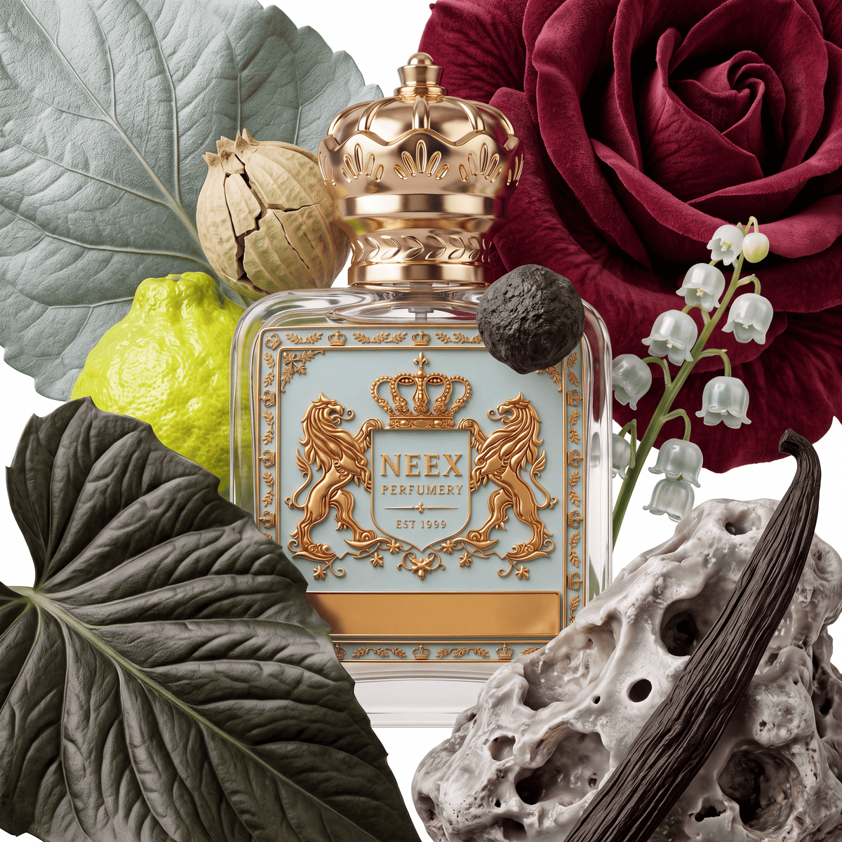 Neex Perfumery perfume bottle topped with an ornate gold crown cap and featuring a light pastel blue crest label with gold metallic heraldry, surrounded by a pale botanical pod, a vibrant citrus fruit, silvery-green foliage, dark textured leaves, a dark round textured element, a deep crimson rose bloom, delicate white lily of the valley flowers, a porous mineral stone, and cured vanilla pods.   