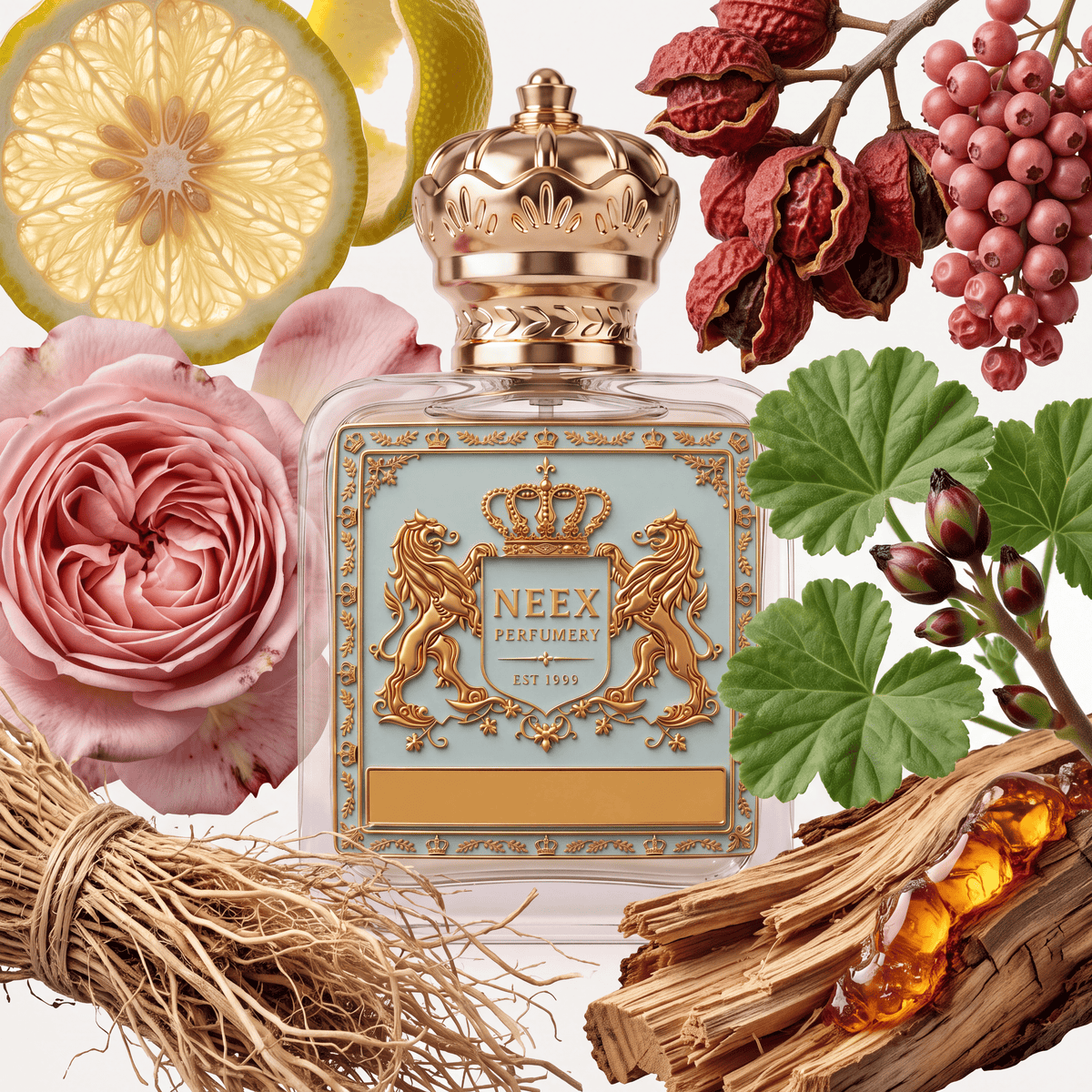 A luxury perfume bottle with a gold crown cap and ornate gold crest on a pale blue label, surrounded by botanical and citrus elements including pink roses, red berries, green leaves, dried herbs, and amber wood on a white background.