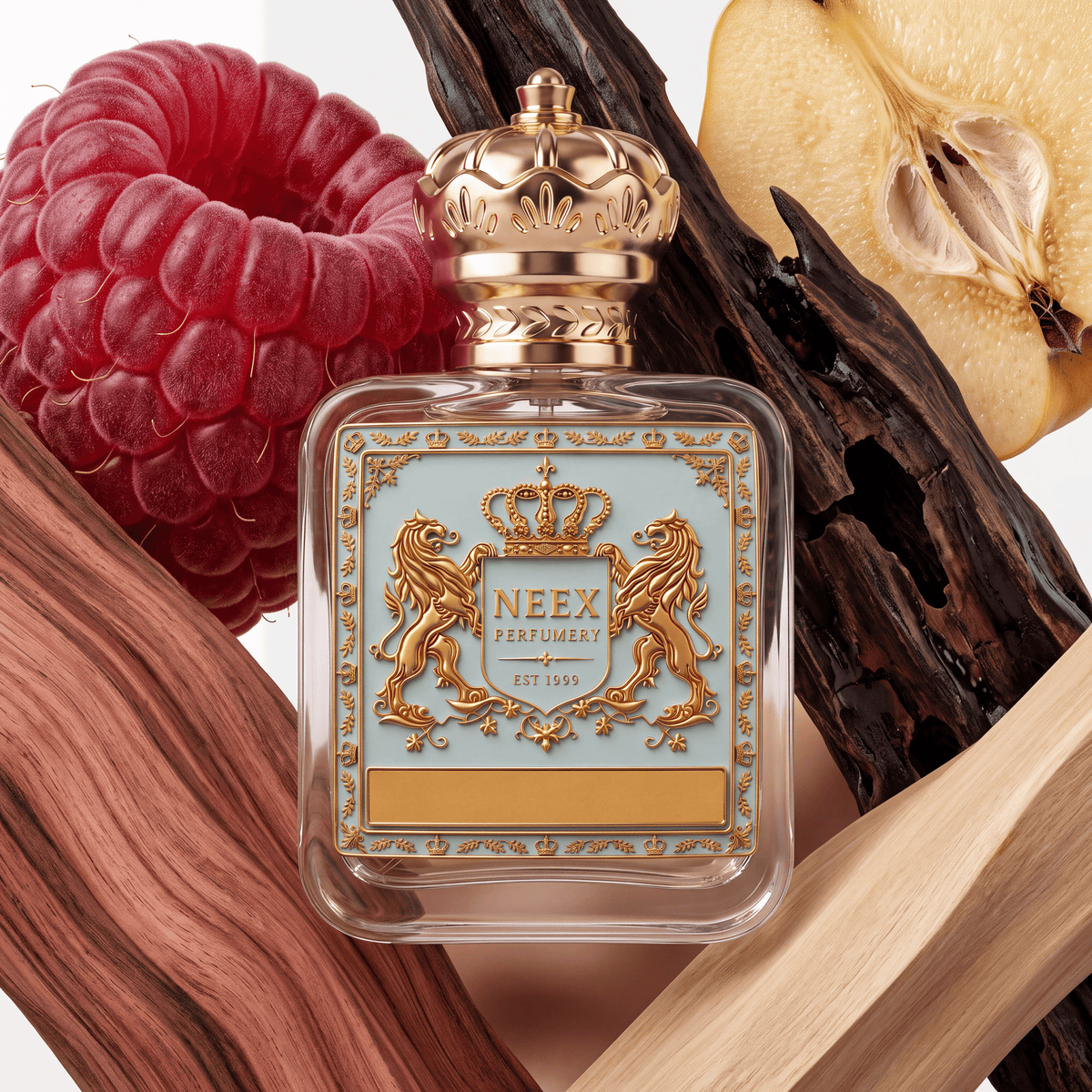 Neex Perfumery perfume bottle featuring an ornate gold crown cap and a light pastel blue crest label with gold metallic detailing, set against natural elements including a large ripe raspberry, a halved quincing fruit, dark textured bark, and smooth wooden logs.   