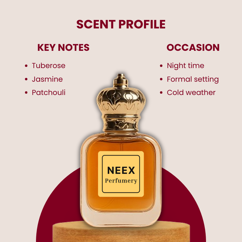 Intense white floral fragrance with tuberose, jasmine, and patchouli – bold & chic.