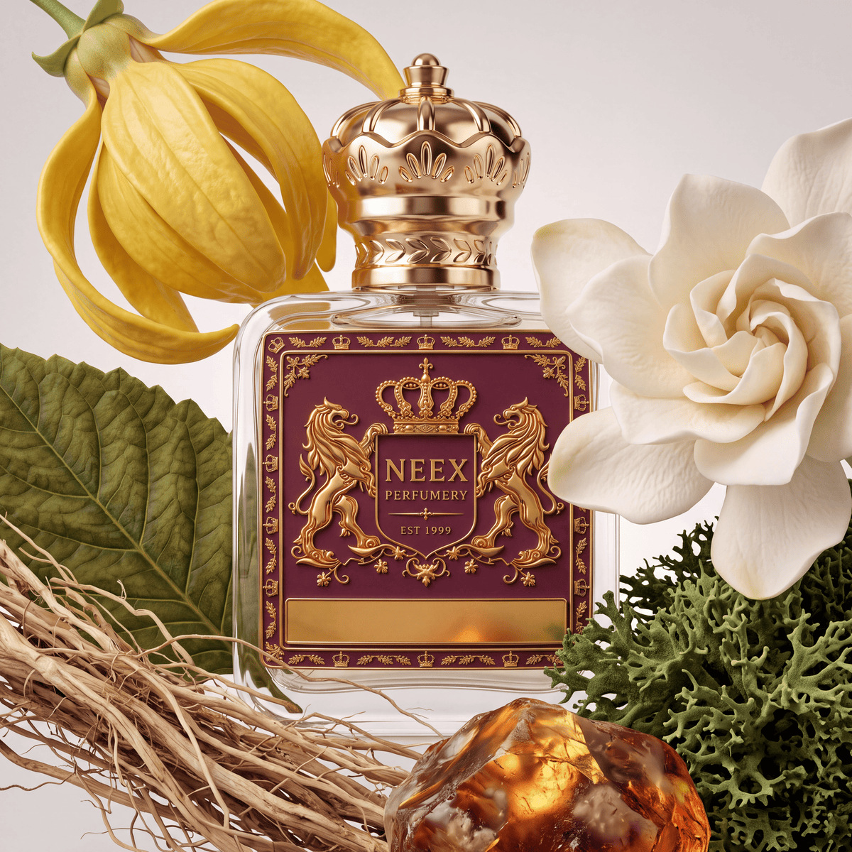Neex Perfumery perfume bottle featuring an ornate gold crown cap and a rich burgundy crest label with gold metallic detailing, surrounded by a yellow ylang-ylang flower, a white gardenia bloom, green leaves, dried vetiver roots, oakmoss, and a piece of amber resin.