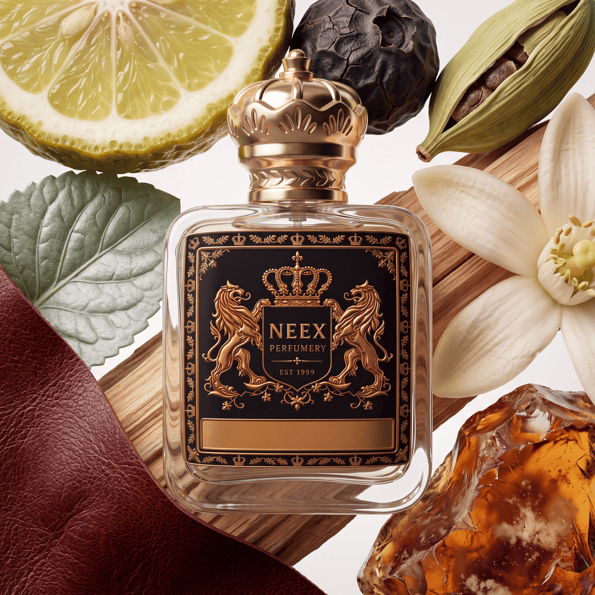 Neex Perfumery perfume bottle topped with an ornate gold crown cap and featuring a black crest label with gold metallic heraldry, set against diagonal cedarwood slats and a swatch of deep burgundy leather, surrounded by a halved citrus, a sage leaf, a dried black peppercorn, an open cardamom pod, a white neroli bloom, and a raw golden amber crystal.   