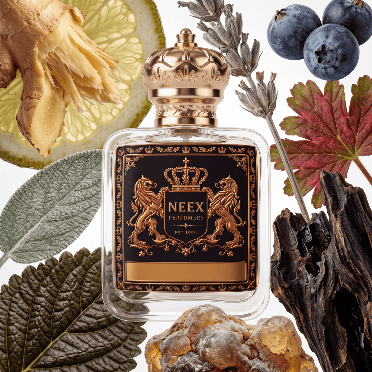 Neex Perfumery perfume bottle topped with an ornate gold crown cap and featuring a black crest label with gold metallic heraldry, surrounded by raw ginger root, a halved citrus wheel, a sage leaf, a dark textured patchouli leaf, dried lavender stalks, plump blueberries, a red-tinted leaf, dark charred wood, and glowing amber resin.   