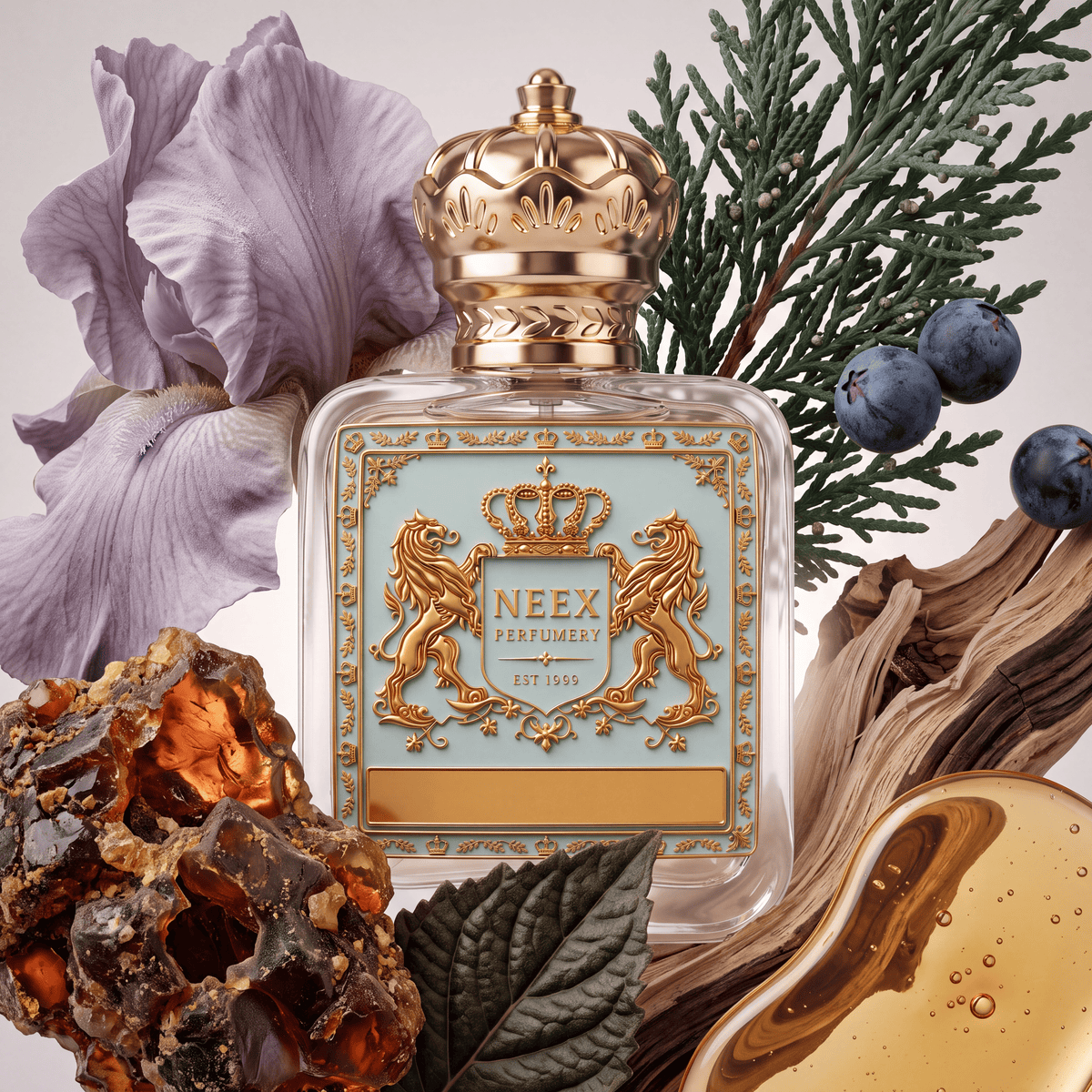 Neex Perfumery perfume bottle featuring an ornate gold crown cap and a light pastel blue crest label with gold metallic detailing, surrounded by a soft lavender iris bloom, raw amber resin chunks, a dark green leaf, a wave of rich golden oil/honey, natural weathered wood, fresh evergreen pine branches, and dark juniper berries.   