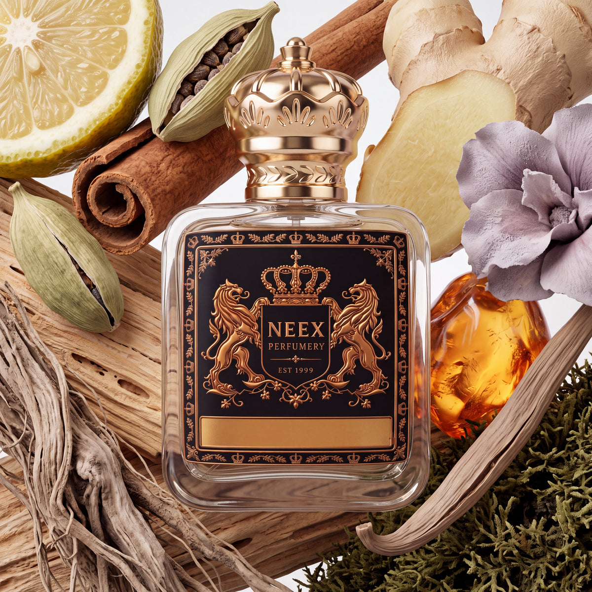 Neex Perfumery perfume bottle featuring an ornate gold crown cap and a dark black crest label with gold metallic heraldry, surrounded by a juicy lemon slice, whole green cardamom pods, spiraled cinnamon sticks, sliced raw ginger root, a delicate muted purple flower blossom, glowing amber resin, weathered wood, and natural green moss.