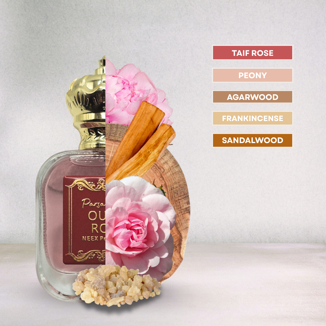 Luxury fragrance with Taif rose, oud, and frankincense – timeless & refined