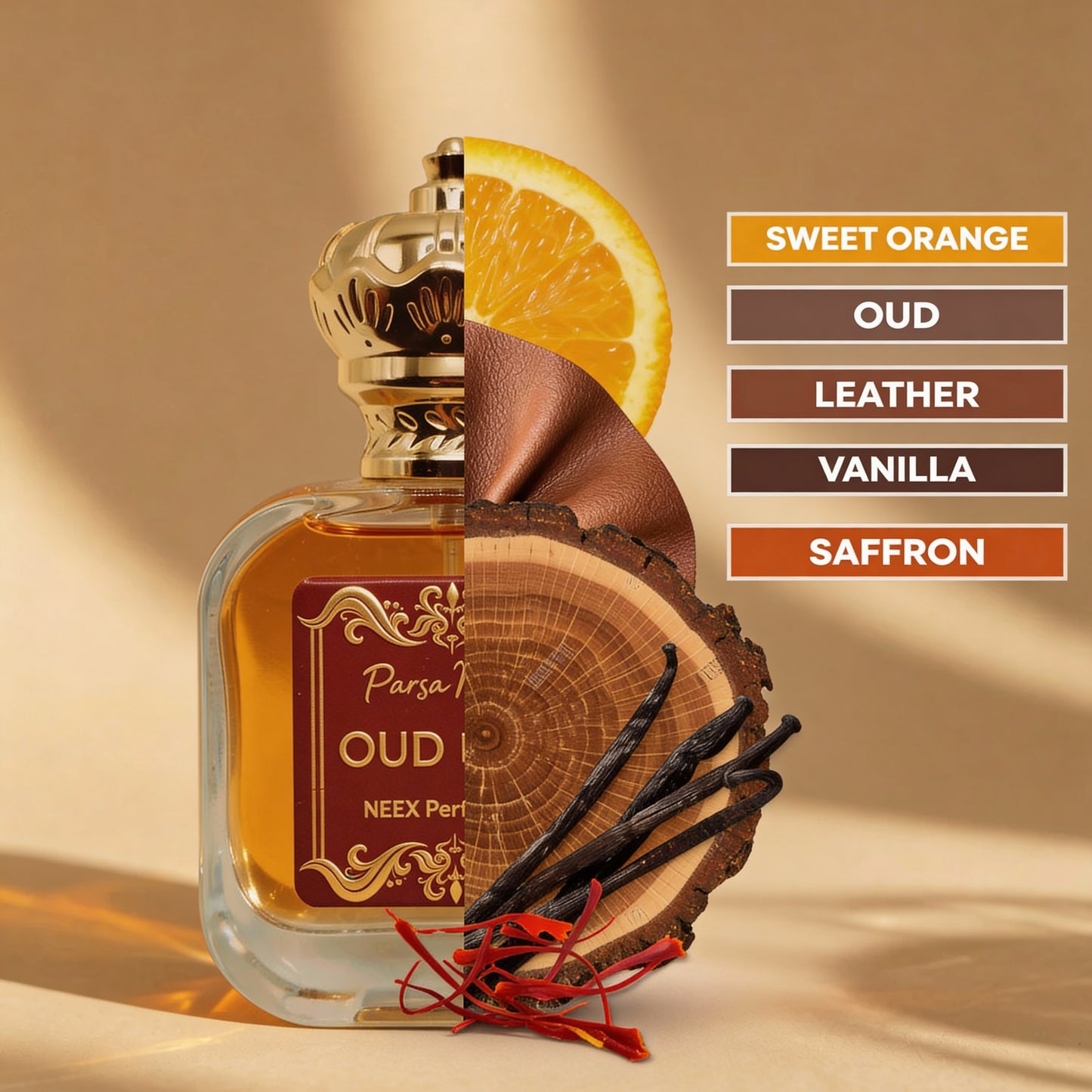 Luxury fragrance with oud, saffron, and sweet orange – rich & powerful