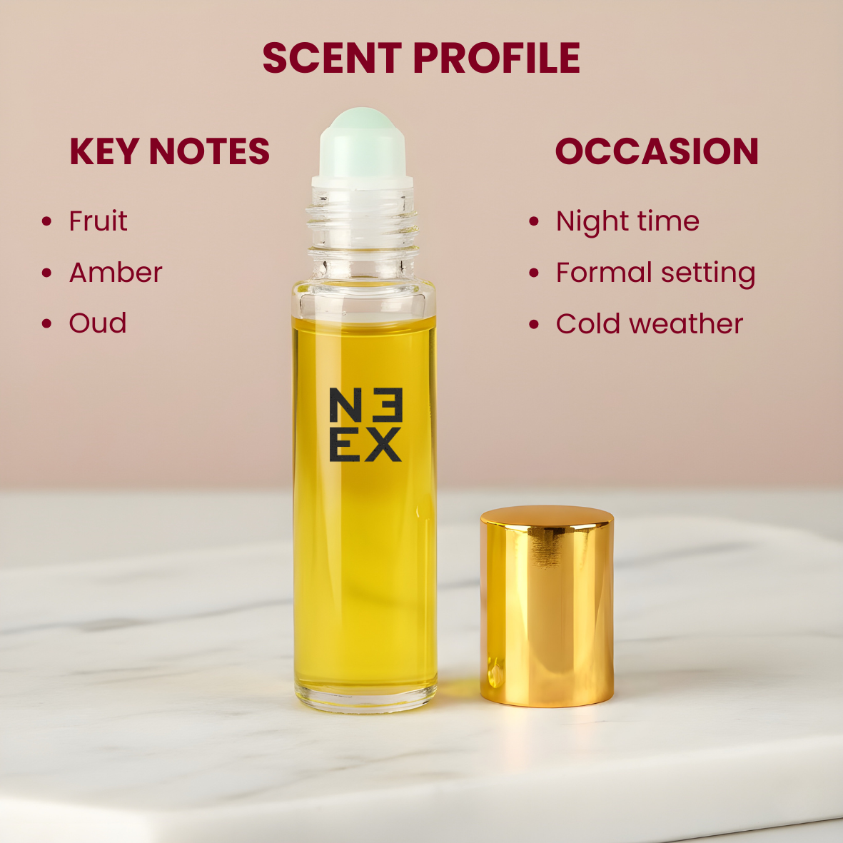 Concentrated amber woody perfume oil with notes of agarwood (oud), floral accords, and ambergris – poetic & intellectual.