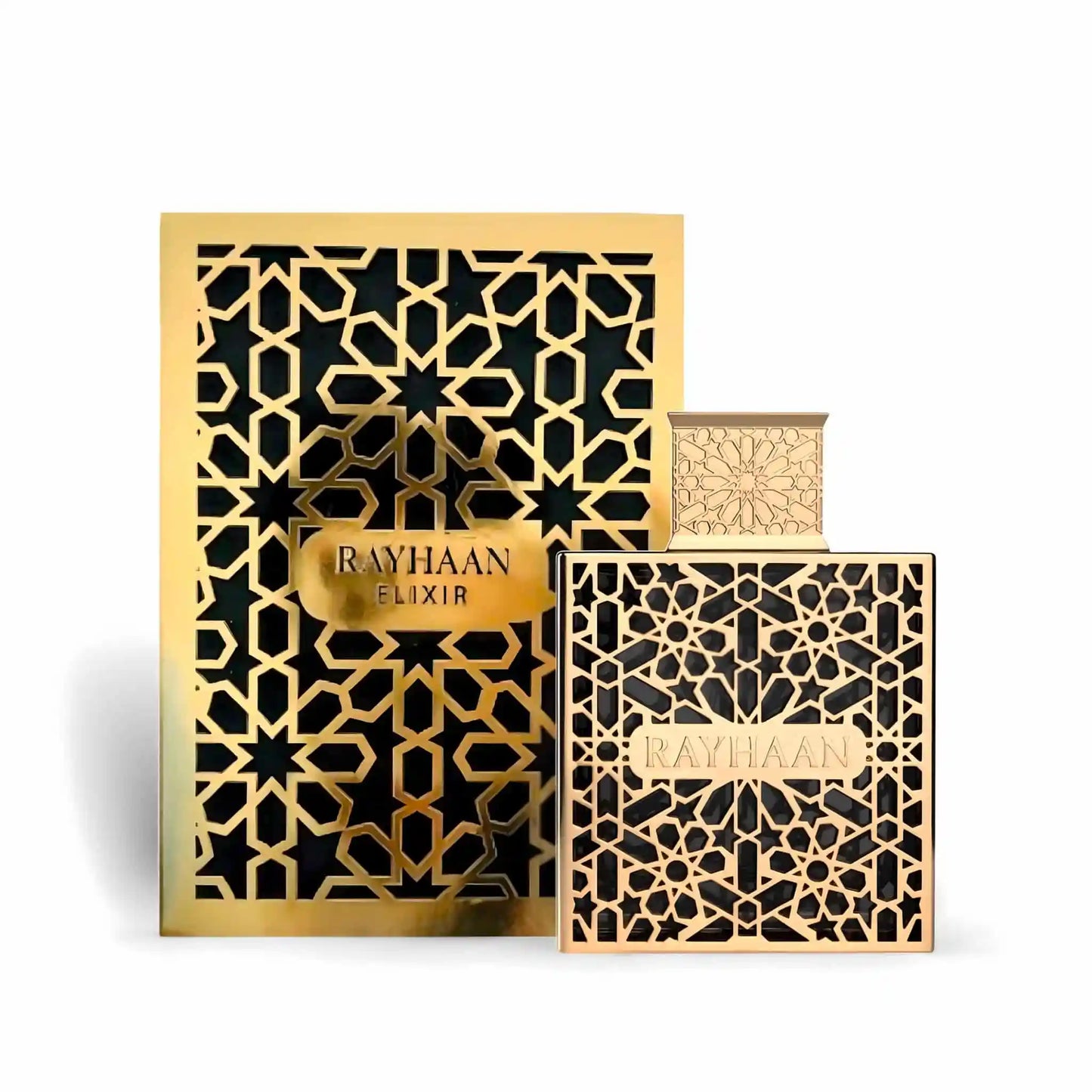 Rayhaan Elixir set showcasing the gold and black geometric patterned presentation box labeled "RAYHAAN ELIXIR" alongside the caged gold flacon.